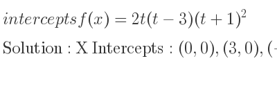 The intercepts of f(x)=2t(t-3)(t+1)^2 is X Intercepts: (0,0),(3,0),(-1,0),Y Intercepts: (0,0)